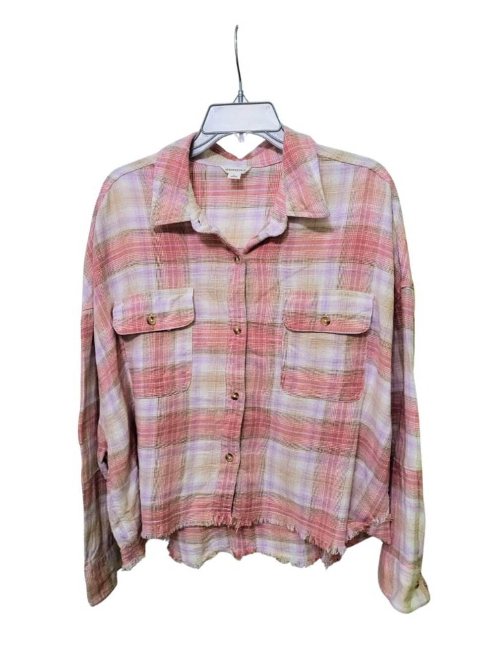 Aéropostale Oversized Raw-Edge Plaid Shacket Top | XL